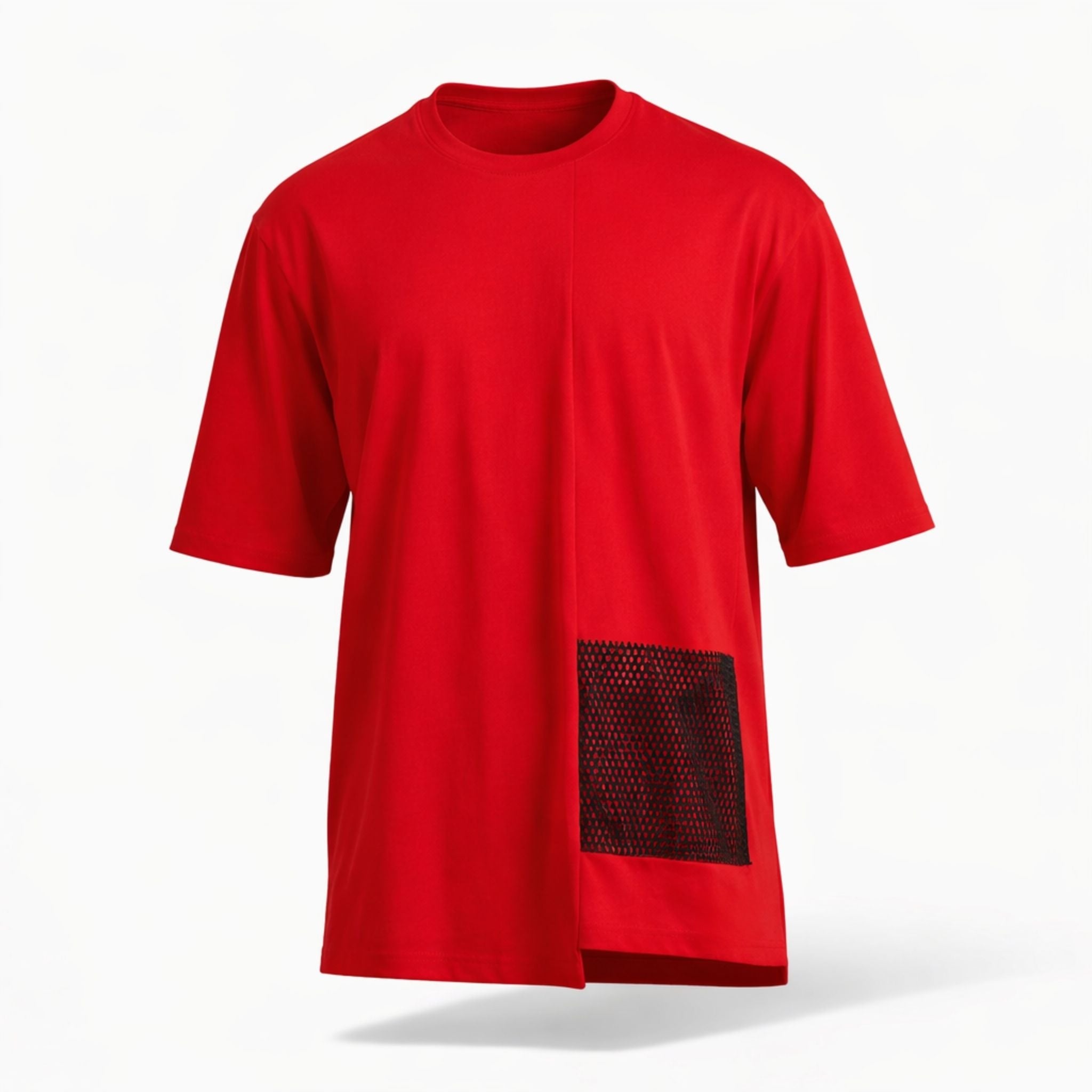 Tricou rosu supradimensionat asimetric cu buzunar din plasa