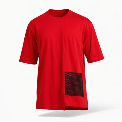 Tricou rosu supradimensionat asimetric cu buzunar din plasa