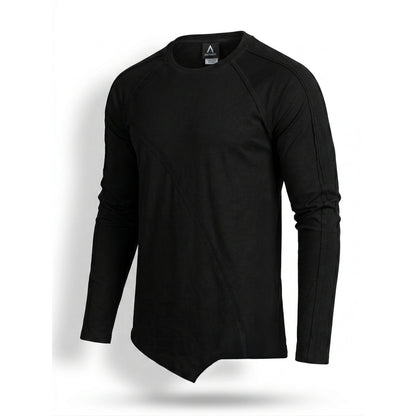 Tricou negru asimetric cu maneca lunga si cusaturi decorative