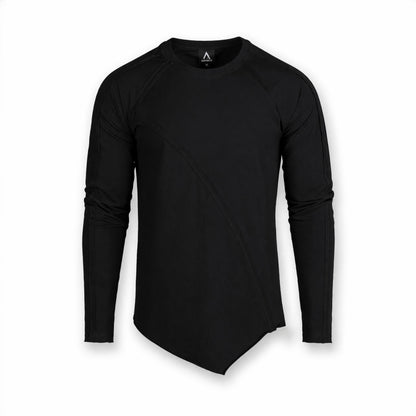 Tricou negru asimetric cu maneca lunga si cusaturi decorative