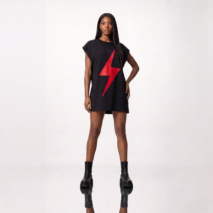 Rochie Tricou Oversized din Bumbac 100%, Design Fulger Decupat la Laser
