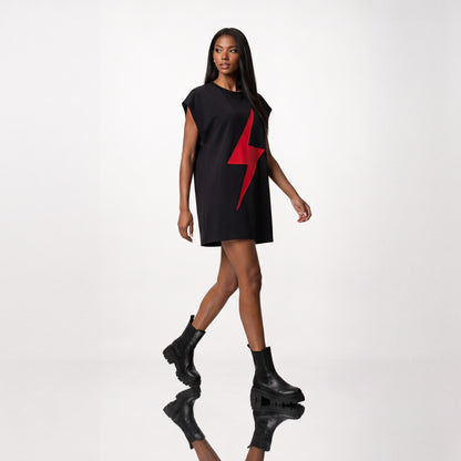 Rochie Tricou Oversized din Bumbac 100%, Design Fulger Decupat la Laser