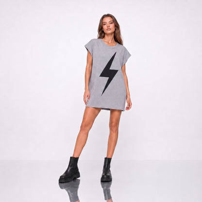 Tricou gri Unisex Oversized din Bumbac 100%, Design Fulger Decupat la Laser