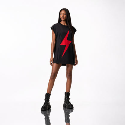 Rochie Tricou Oversized din Bumbac 100%, Design Fulger Decupat la Laser