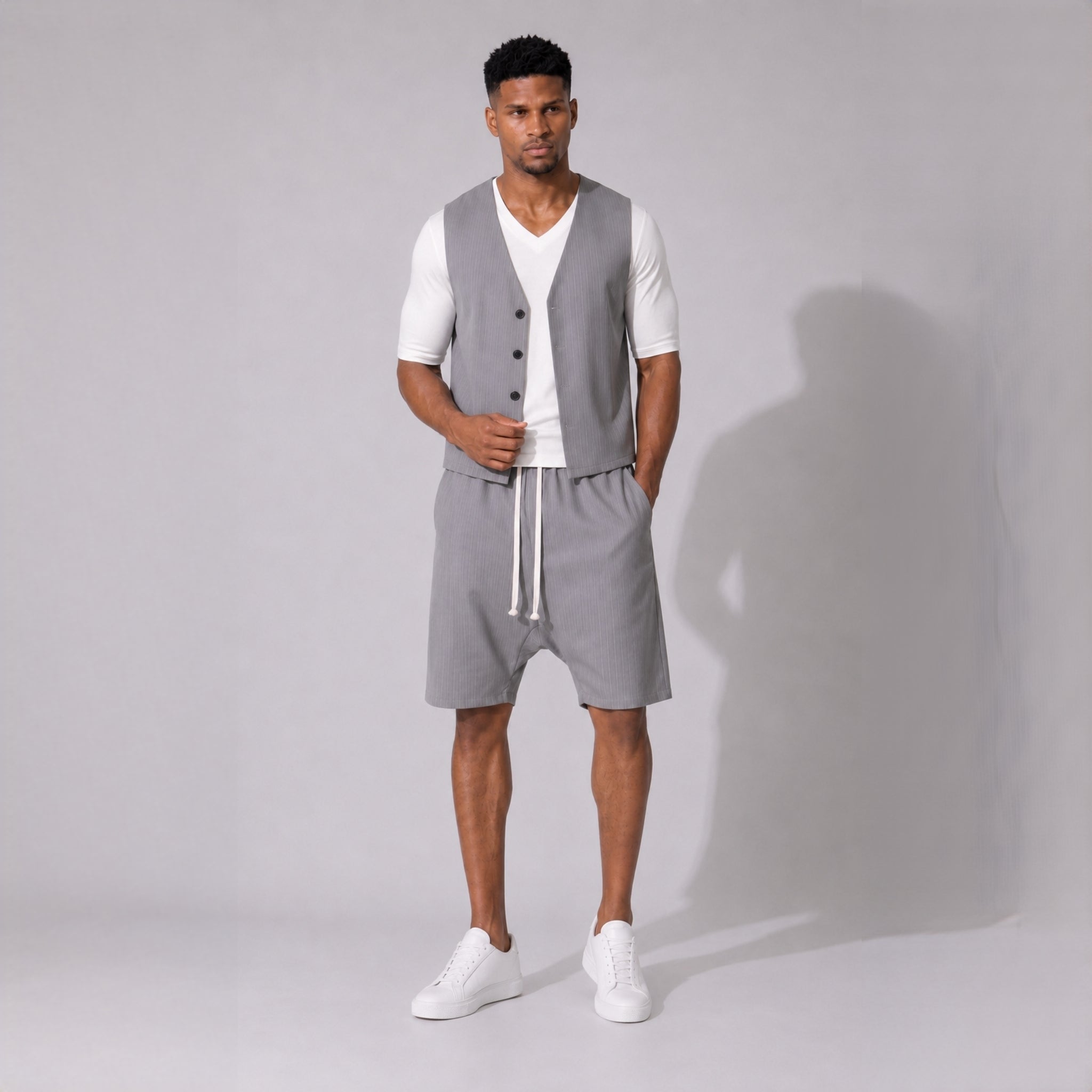 PRECOMANDA CU TERMEN DE LIVRARE 10 ZILE! Compleu bărbați de vară gri, cu vestă și pantaloni scurți cu tur lăsat – material respirabil