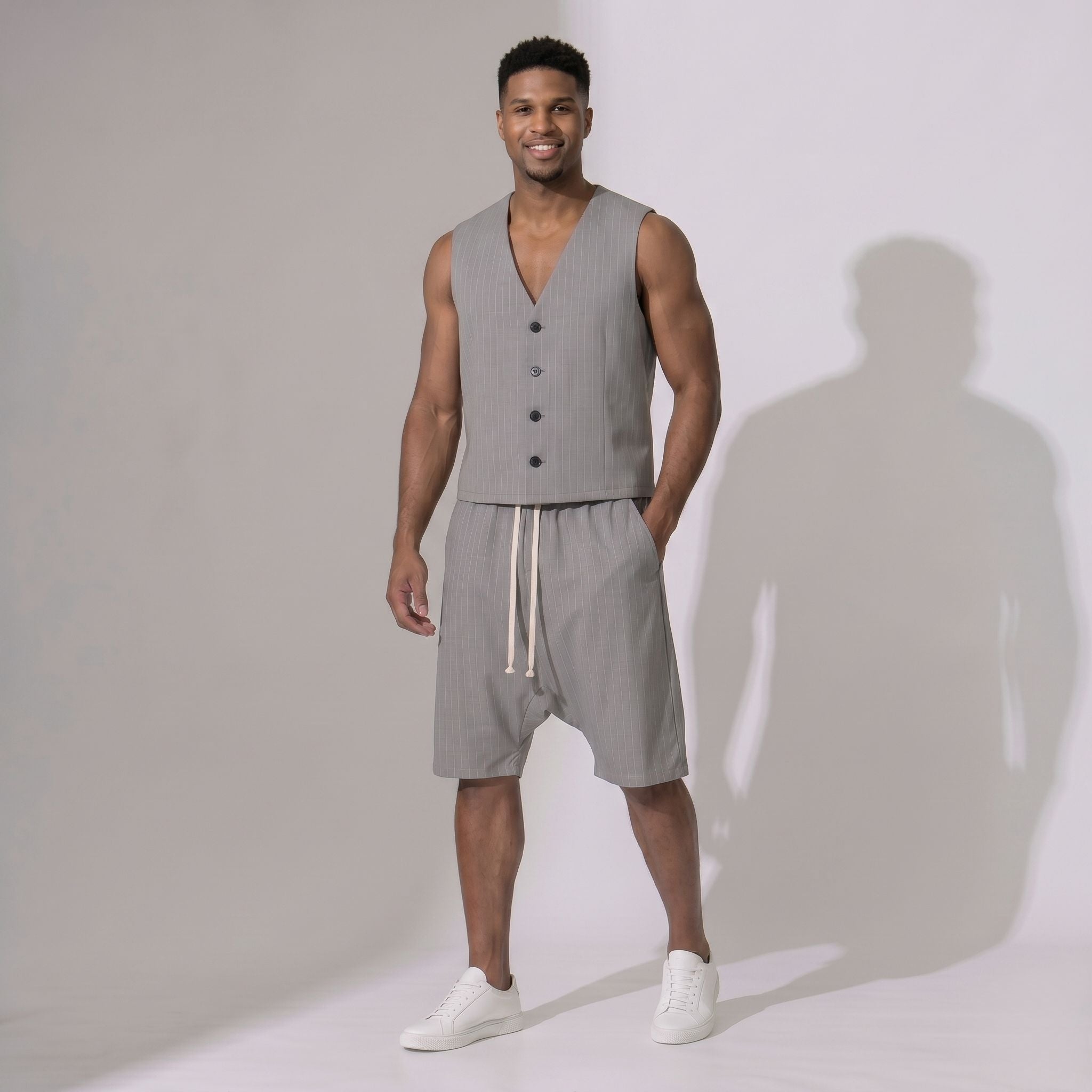 PRECOMANDA CU TERMEN DE LIVRARE 10 ZILE! Compleu bărbați de vară gri, cu vestă și pantaloni scurți cu tur lăsat – material respirabil