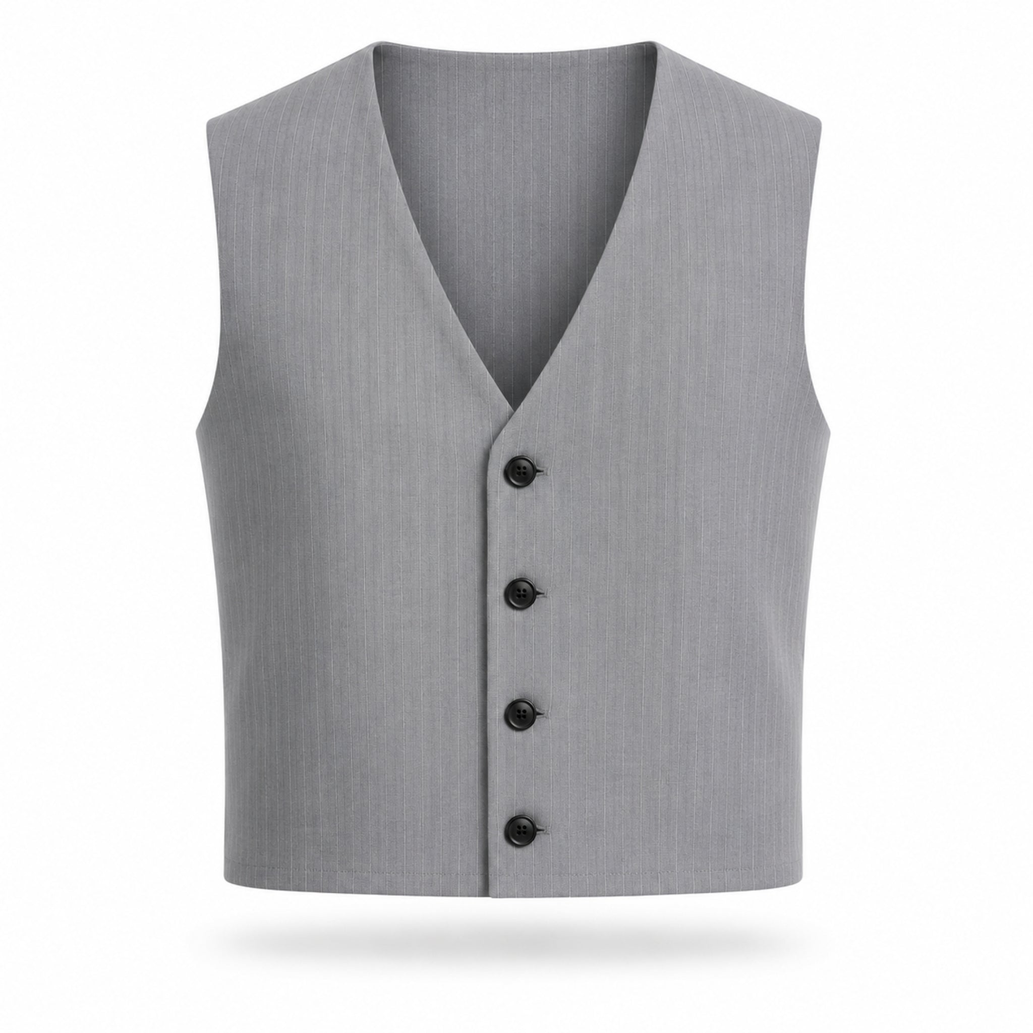 Costum bărbătesc relaxat gri cu dungi – vestă și pantaloni cu tur lăsat