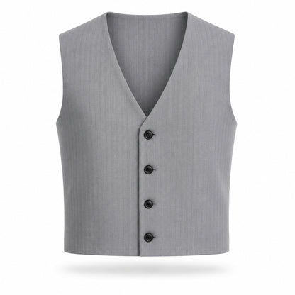 Costum bărbătesc relaxat gri cu dungi – vestă și pantaloni cu tur lăsat