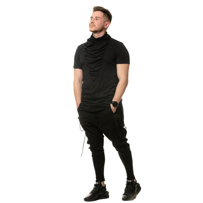 vagabond reflectss asimetrix Tricou negru long line cu guler inalt si drapaje pe piept