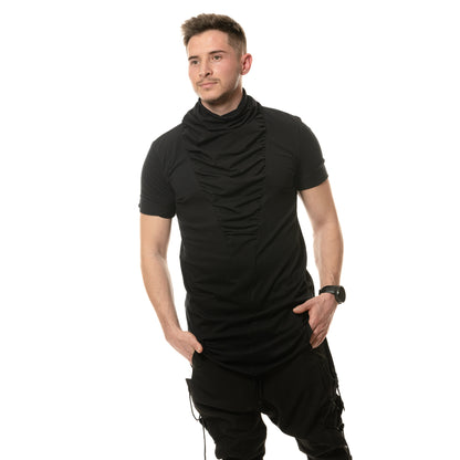 vagabond reflectss asimetrix Tricou negru long line cu guler inalt si drapaje pe piept