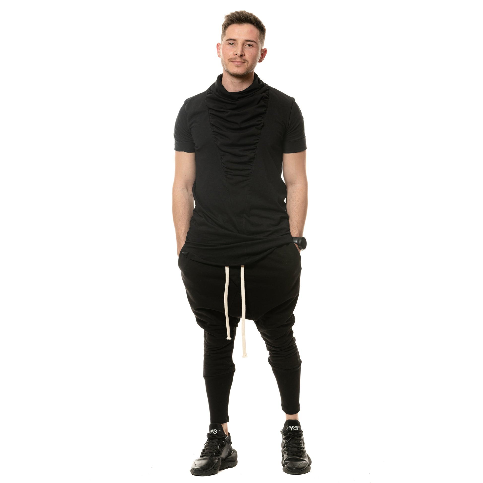 vagabond reflectss asimetrix Tricou negru long line cu guler inalt si drapaje pe piept