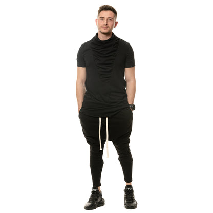 vagabond reflectss asimetrix Tricou negru long line cu guler inalt si drapaje pe piept