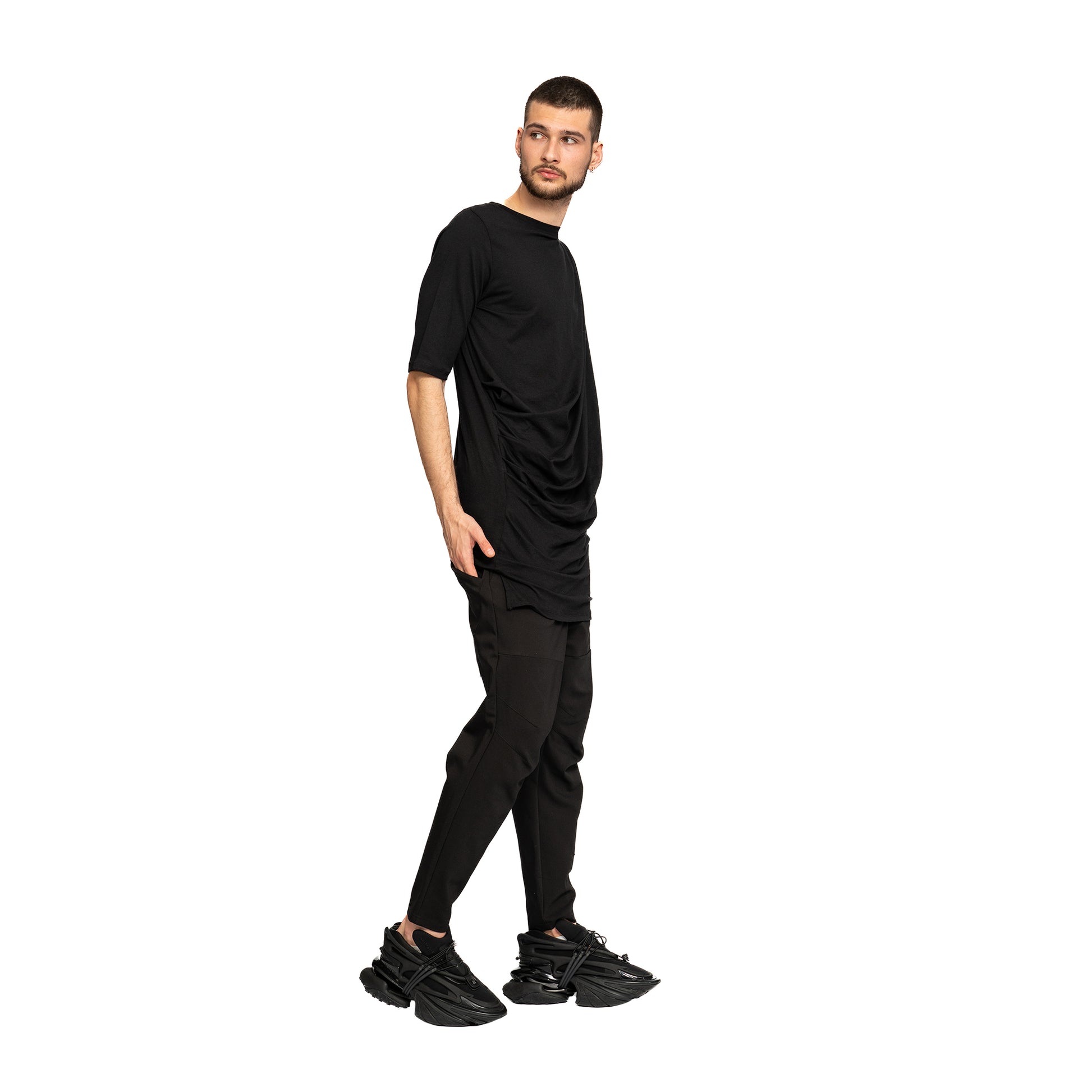 vagabond reflectss asimetrix Tricou negru long line cu drapaje